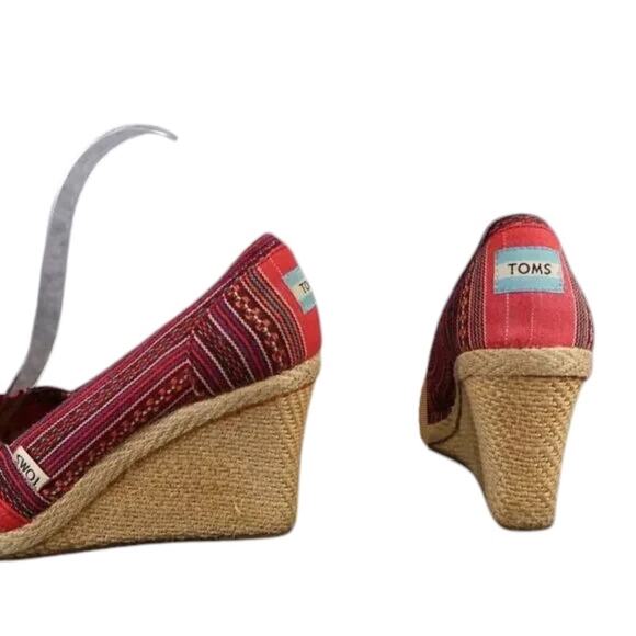 Toms Shoes Womens 8 Wedge Sandal Casuall Fashion Calypso Espadrille Red Peep Toe - Picture 6 of 13